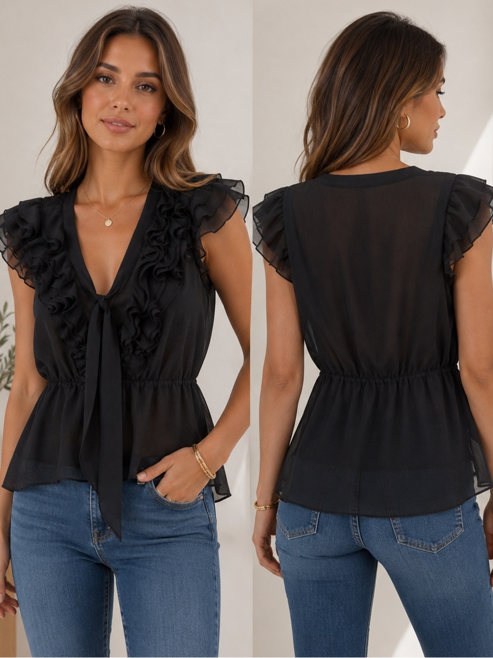 H&M Black Chiffon Ruffle Tie-Front Peplum Blouse Size 8